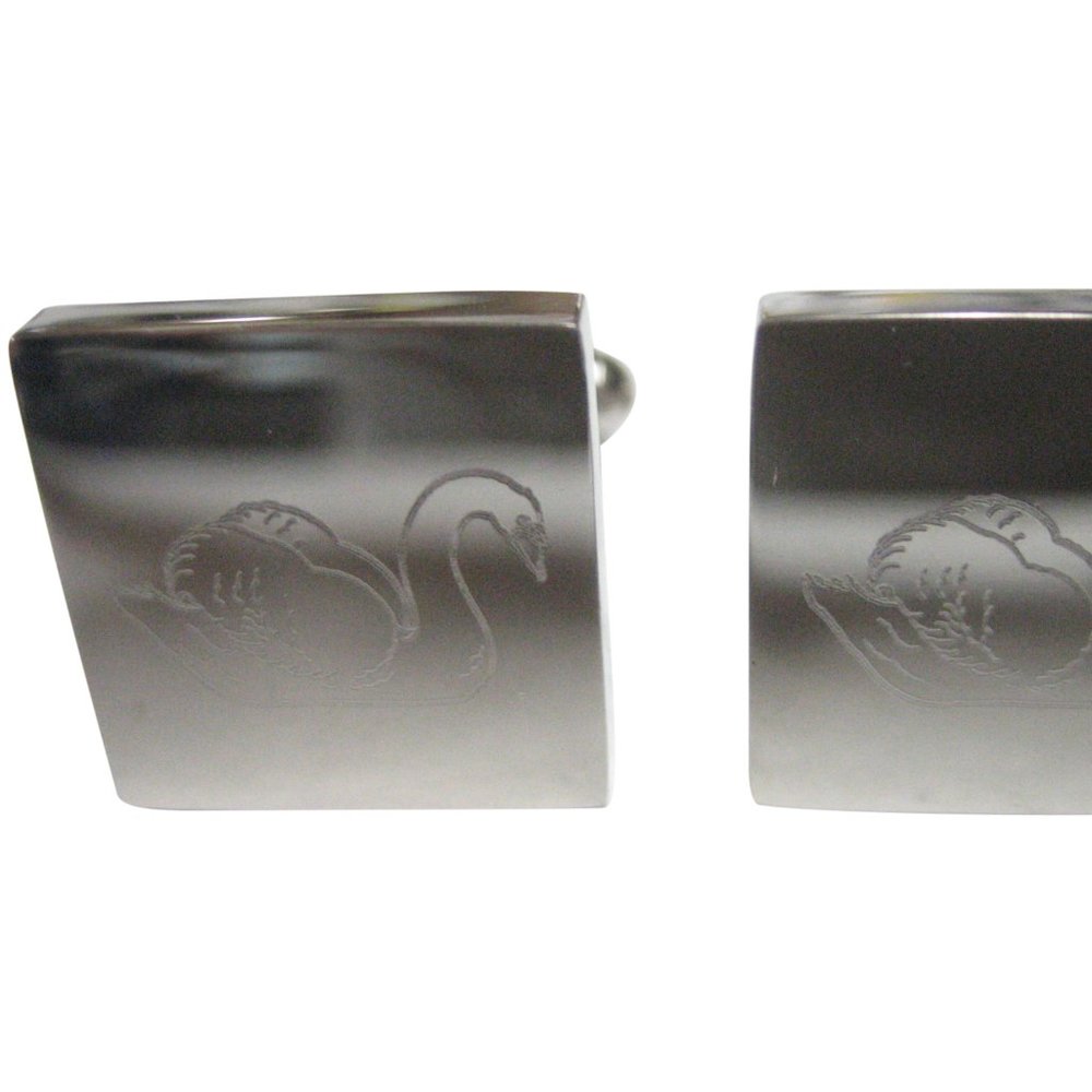 Silver Toned Square Etched Swan Bird Cufflinks